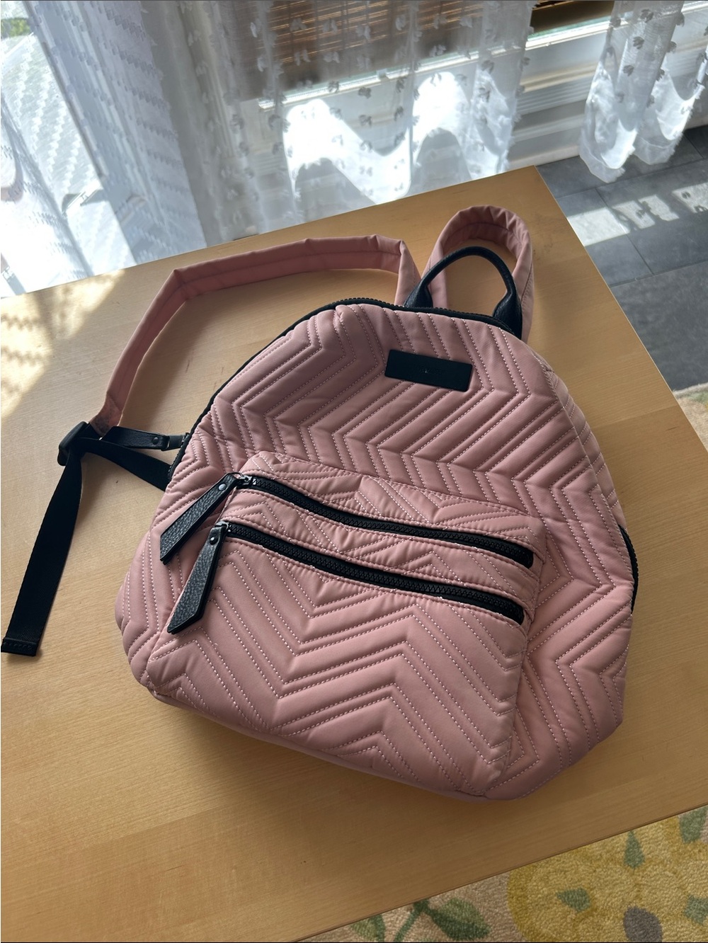 Steve Madden-Quilted Pink Chevron Backpack with Front Zip Pockets & inside pkts